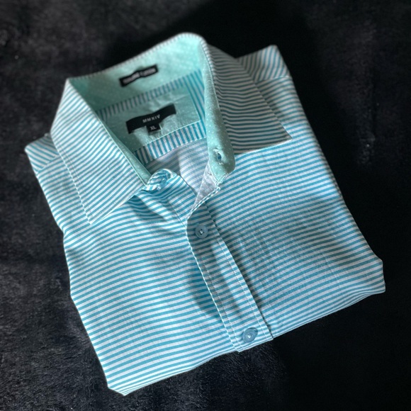 MMXIV Men Shirt short Sleeve teal striped white Casual Button Up size X-large - Picture 7 of 8